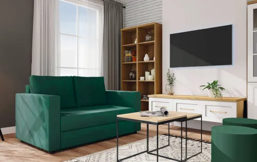 Meble Do Salonu*Bodzio Salon - sofa 2 os. rozkł. Milano (plusz zielony) kolekcja Hawana (biały lakier mat/dąb soma ciemny)