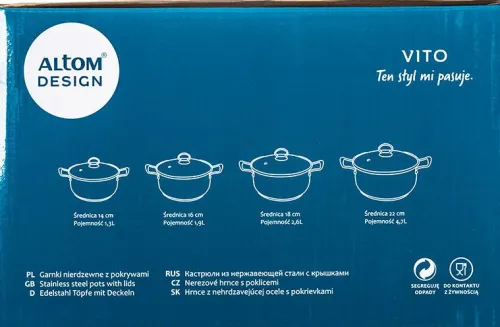 Patelnie I Garnki*PL-2 Zestaw czterech garnków satynowych z pokrywkami Vito